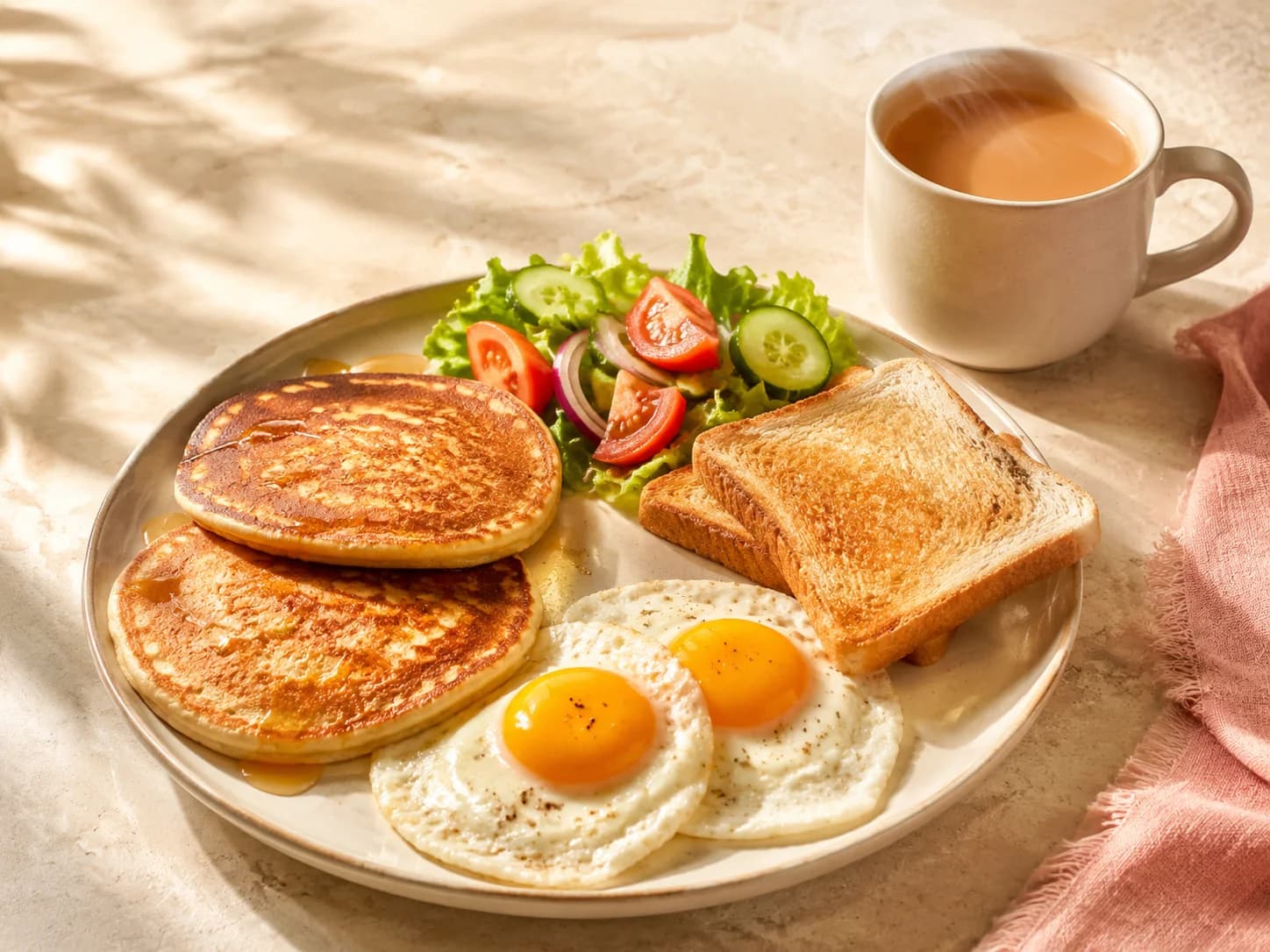 Adee’s full breakfast with pancakes, fried eggs, toast, fresh salad and milk tea.