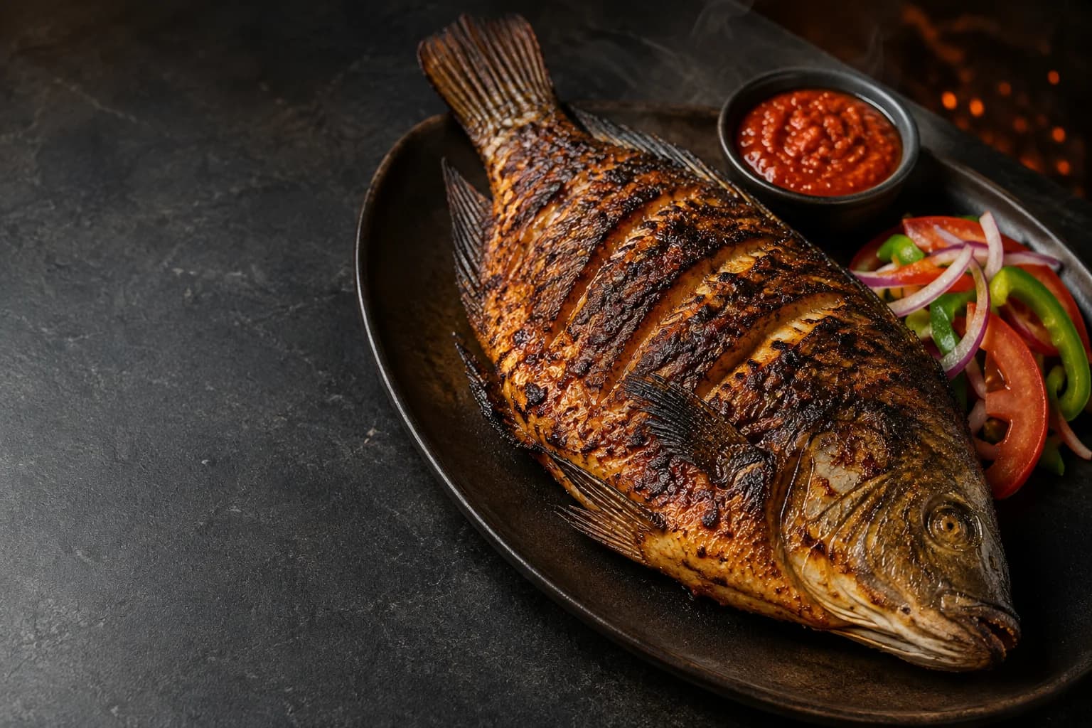 Whole grilled tilapia served with pepper sauce and fresh vegetables.