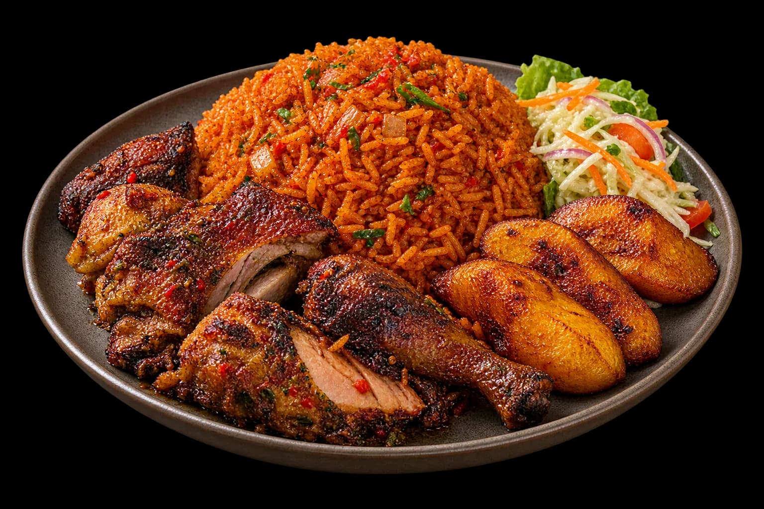 Guinea fowl jollof with fried plantain and salad.