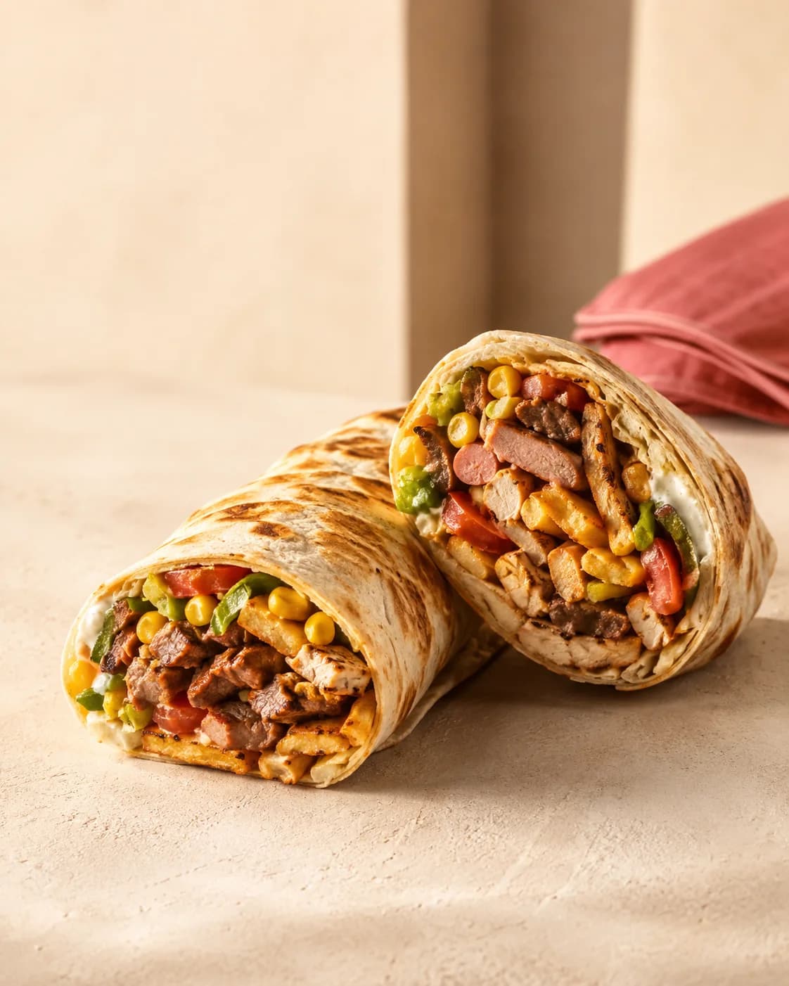 Loaded shawarma filled with chicken, beef, sausage, vegetables, sweet corn and fries.