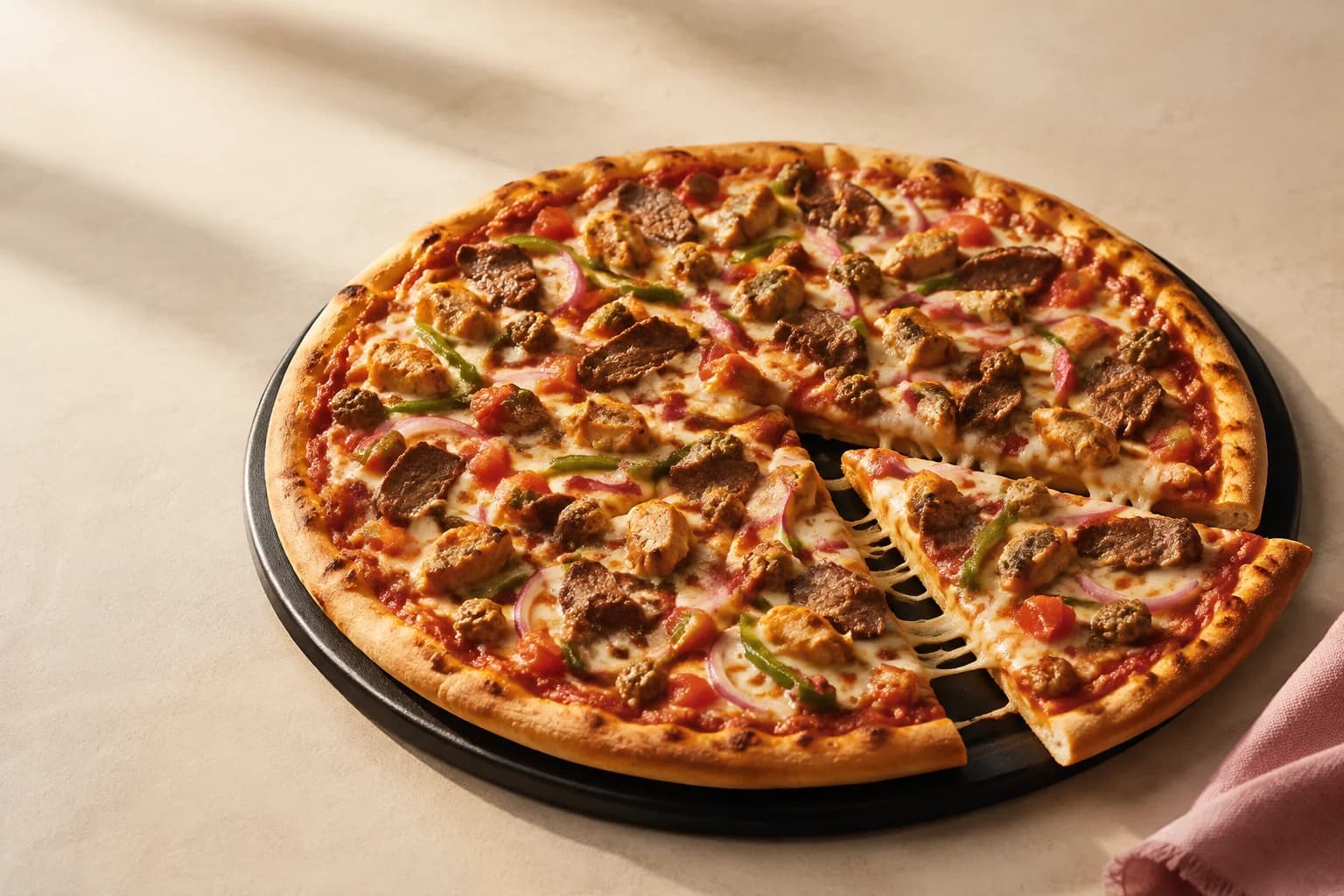 Freshly baked Adee’s Special Pizza with meat, vegetables and melted cheese.