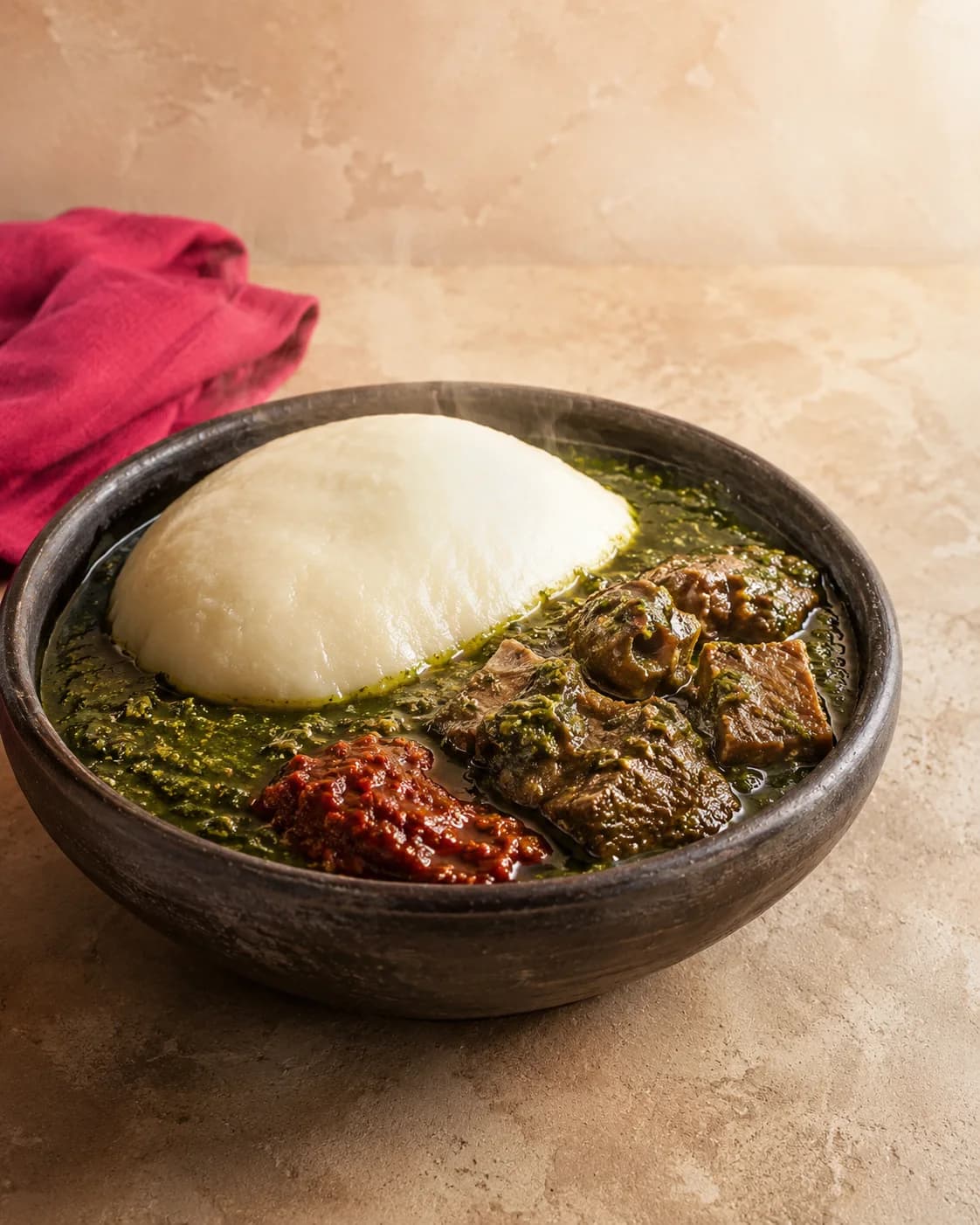 Tuo Zaafi served with green soup, meat and pepper sauce.